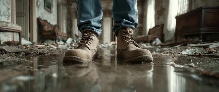 A person stands in a debris-filled, flooded room.  Sturdy boots are necessary for indoor cleanup and disaster recovery tasks related to water damage assessment.  Needed home repairs