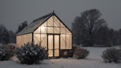 Illuminated Greenhouse in a Snowy Winter Landscape at Dusk.