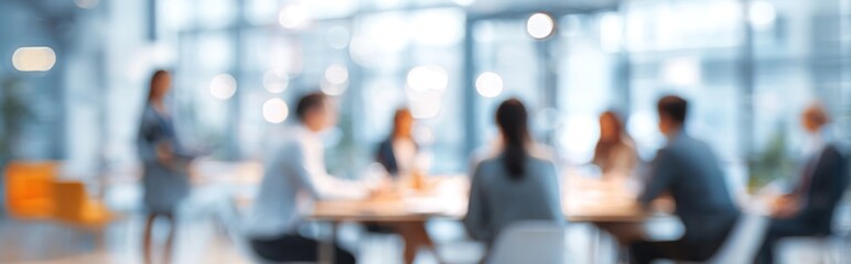 Blur office meeting blurred background with business people working group in boardroom discussion, executive seminar or professional training in enterprise. High quality