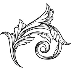 Elegant Black And White Scrollwork Flourish With Swirling Leaves And Detailed Petals On A Transparent Background Ideal For Decorative Accents