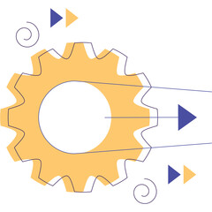 A Conceptual Graphic of a Yellow Gear Cog Turning with Blue Arrows and Swirls Against a Transparent Background Representing Progress and Mechanics