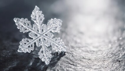 Intricate Snowflake Crystal Formation on a Textured Surface with Sparkling Details.