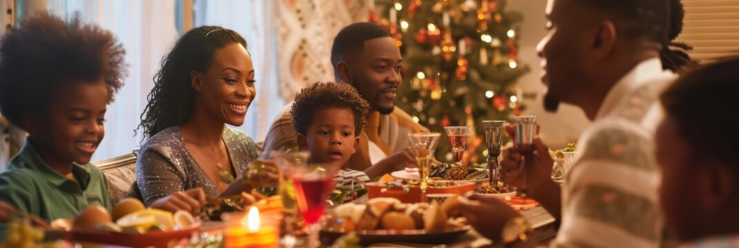 Kwanzaa celebration with african american family enjoying festive dinner together. Smiling African-American family at the festive table. Annual celebration of African-American culture - Powered by Adobe
