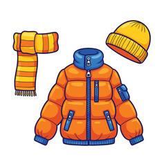 Cartoon winter clothing set with an orange puffer jacket yellow beanie and striped scarf.