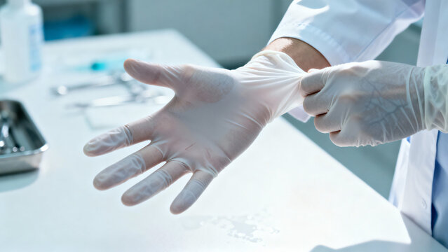 Medical Professional Wearing Disposable Gloves in Clinical Environment Preparing for Procedure