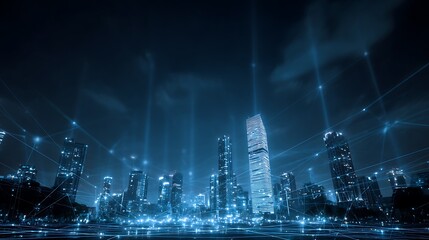 High-tech city at night with interconnected glowing payment lines, symbolizing cyber finance systems and secure digital trade.