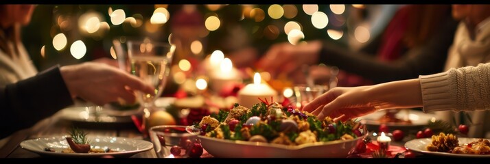 Orthodox christmas celebrations with festive dinner and family gathering atmosphere. Horizontal banner. Family Christmas dinner