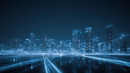 Smart city skyline connected through glowing data highways representing global financial exchange and fintech innovation.