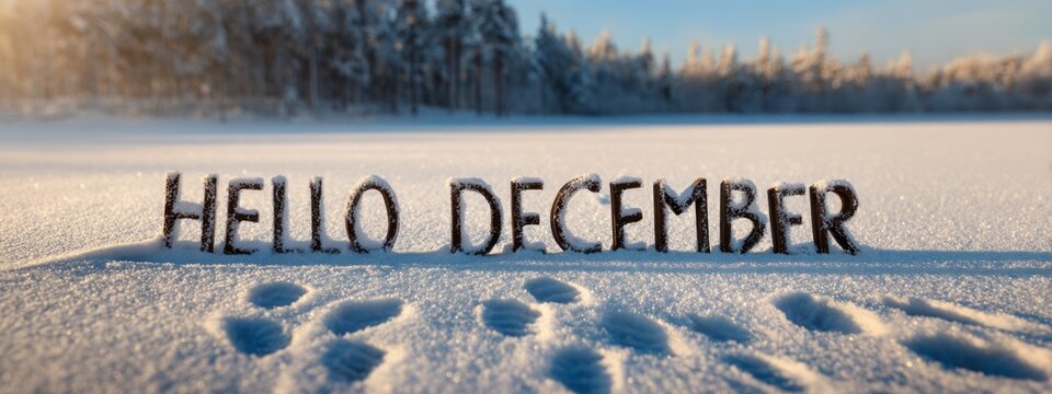 Creative winter banner. The words Hello December in fresh snow near footprints on a frozen lake. Snowy forest in the background