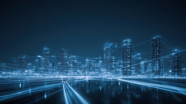 Smart city skyline connected through glowing data highways representing global financial exchange and fintech innovation. - Powered by Adobe
