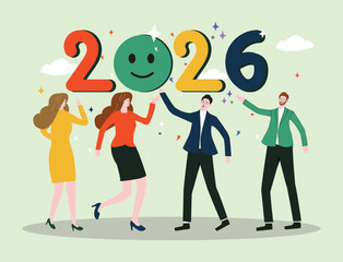 Festive illustration celebrating Happy New Year 2026, showcasing a diverse group of people joyfully gathered amidst vibrant colors and confetti, symbolizing happiness, unity, and celebration.