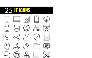 IT Vector Set | Modern Technology Icons of Networking, Coding, and Digital Innovation in Minimal Outline Style