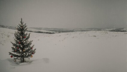 Lone Evergreen Tree Stands in a Vast Snowy Landscape Under a Cloudy Sky.