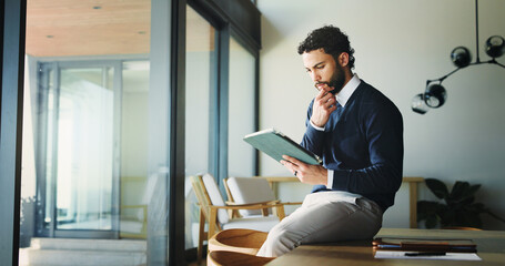 Tablet, business and man in office, thinking and real estate agency with positive review. Person, property development and employee with email, app or problem solving with solution or online listing