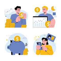 Money Saving, Investment Growth and Mobile Banking Vector Illustration Set