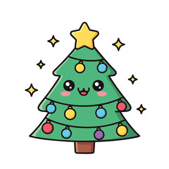 Cute kawaii Christmas tree with a smiling face colorful ornaments and a yellow star topper.