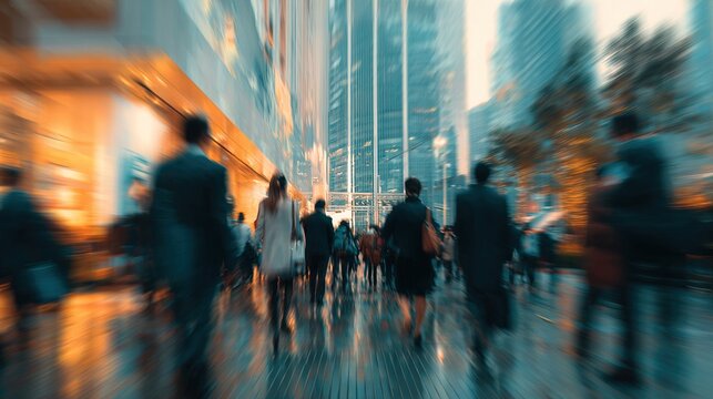 motion blur image of business people crowd walking at corporate office in city downtown, blurred background, business center concept, Generative AI. High quality