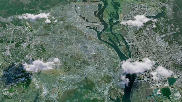 Kyiv Ukraine 3D Satellite Map Hyper Realistic Aerial City View with Volumetric Clouds