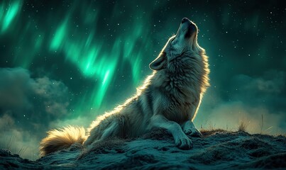 Obraz premium Lone wolf howling under vibrant aurora borealis, a majestic night scene