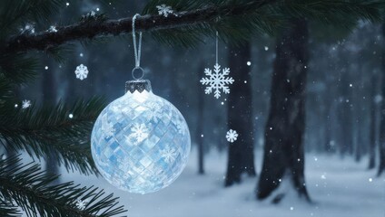Magical Christmas Ornament Hanging in Snowy Forest.