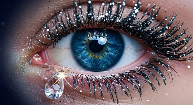 Extreme close-up of a glamorous blue eye with glittering mascara and a diamond tear. Emotional and sparkling beauty concept. Makeup artistry showing a single perfect crystal teardrop