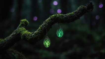 Magical glowing orbs hanging from a moss-covered branch in a dark forest.