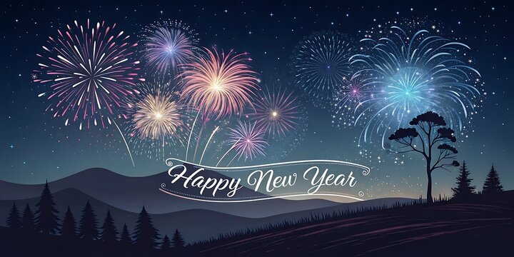 Vibrant new year s eve fireworks display illuminates a serene mountain landscape under a starry night sky