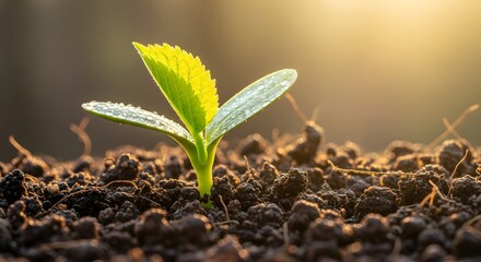 Extreme close-up of a small, vibrant green seedling growing out of dark, fertile soil. New beginning and environmental conservation concept. Young plant soaking up the warm golden sunset light