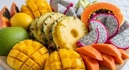 Colorful fresh tropical fruits platter on wooden board ready to eat