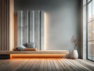 Minimalist Modern Product Display Background, Light Gray Wall with Vertical Lines and Light Brown Wood Floor, Soft Diffused Lighting