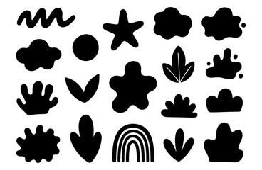 Fototapeta premium Set of black abstract organic silhouette shapes including rainbow, star, leaf and cloud