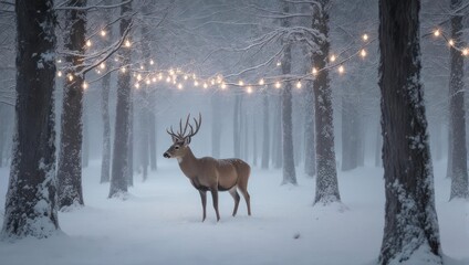 Majestic deer in a snow-covered forest with festive lights.