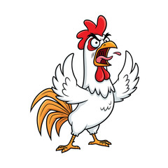 Furious cartoon rooster with a red comb screaming with its wings spread wide.