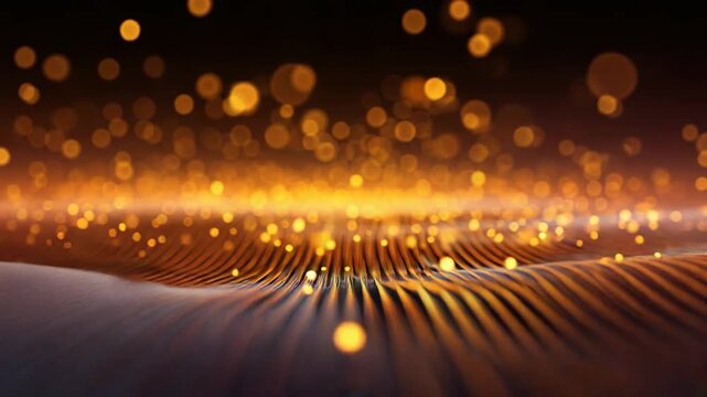 Abstract golden glowing particles flowing on digital waves - Powered by Adobe