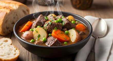 Homemade beef stew with root vegetables served in dark bowl