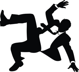 Black silhouette of a man in a suit falling or dancing dynamically on white vector