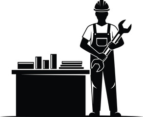 Black silhouette of a male worker in overalls and hard hat holding a wrench vector