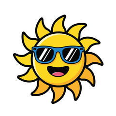 Smiling cartoon sun character with flamelike rays wearing cool blue sunglasses.