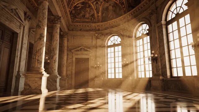Majestic Sunlit Grand Hall Interior with Ornate Architecture and Streaming Light, Evoking Historical Elegance and Serene Beauty