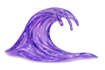 Purple fantasy wave crashing with splashing liquid elements, transparent iridescent fluid moving