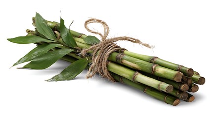 Bundle of fresh green bamboo stalks tied with rope isolated on white background