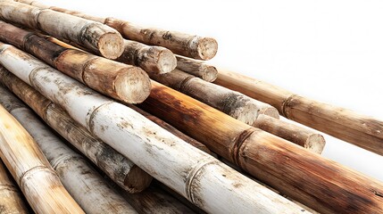 Pile of bamboo canes isolated on white background, a sustainable material