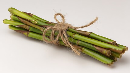 Bundle of fresh bamboo shoots tied with twine isolated on white background