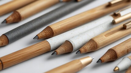 Closeup of bamboo pens with different colors isolated on white background