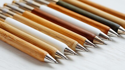 Closeup of bamboo pens in a row with different colors isolated on white background
