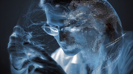 double exposure climate scientist analyzing data overlay with holographic Earth map and weather analytics, AI environment research