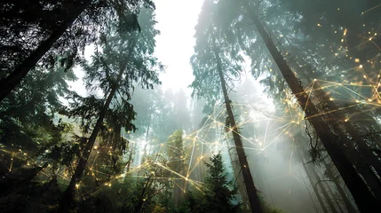 Canvas schilderij Kaki double exposure forest landscape overlay with digital data lines and holographic network, smart eco forest technology  © rinrada