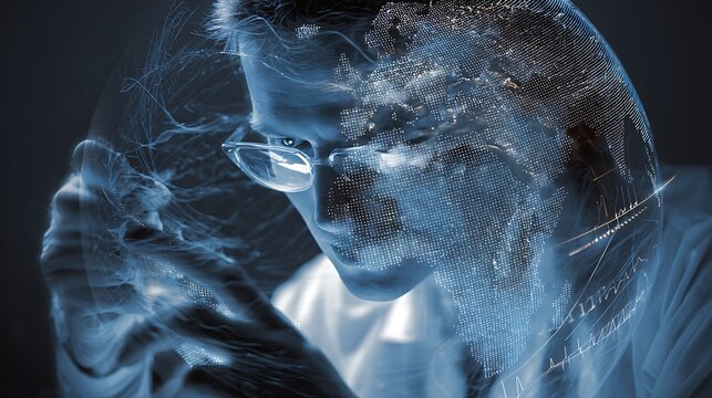 double exposure climate scientist analyzing data overlay with holographic Earth map and weather analytics, AI environment research