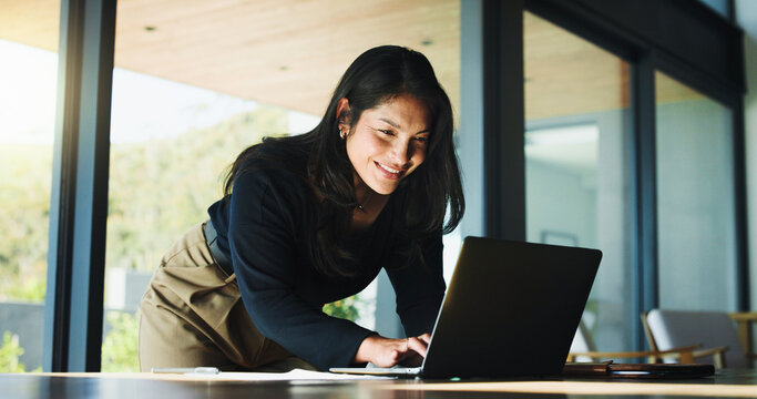 Laptop, typing and research with business woman in office for real estate broker, property listing and planning. Escrow account closer, realtor proposal and project with person in agency for report