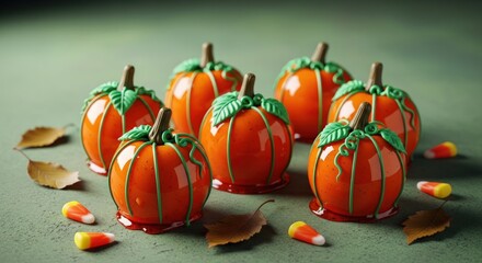 Colorful pumpkinshaped candies with candy corn on green background for halloween decoration